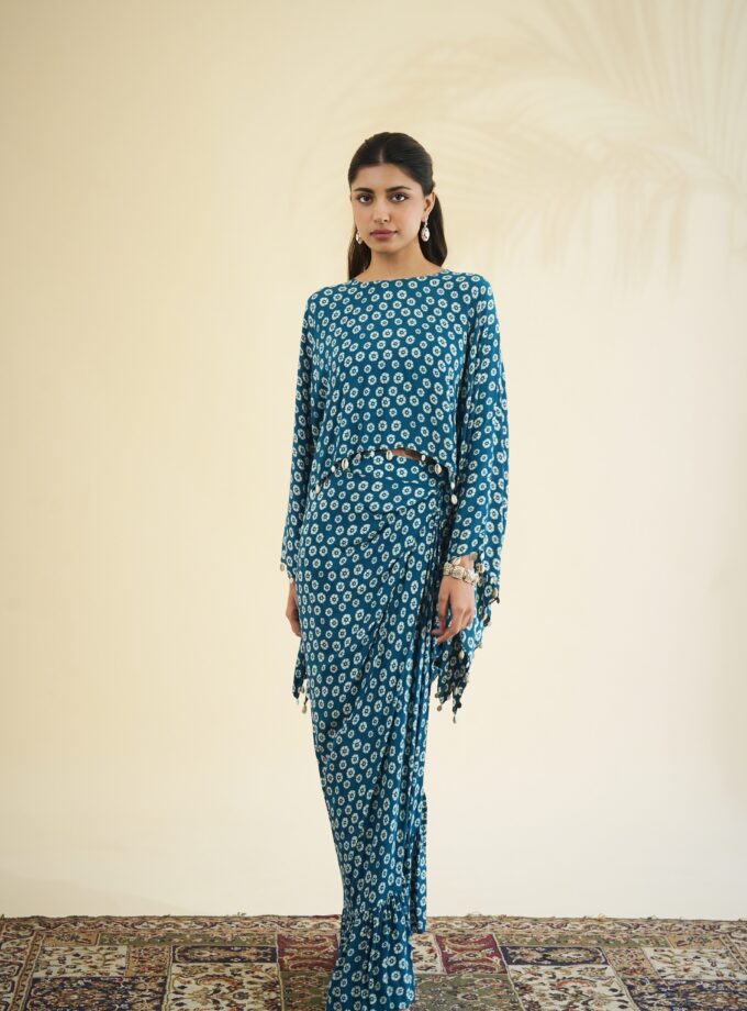 Teal & sand butti print tulip skirt set