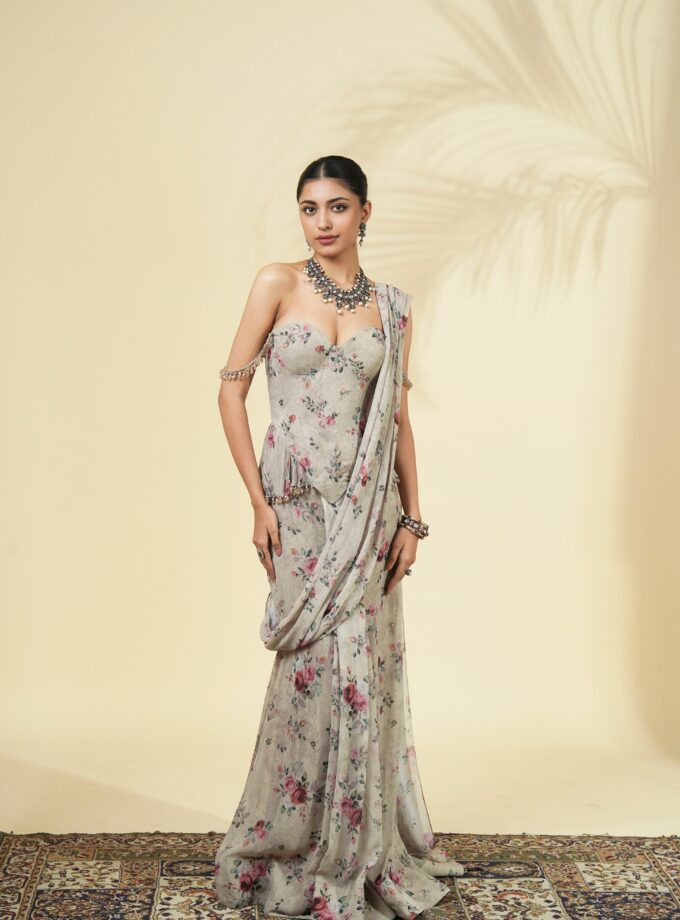 Vintage rose print corset sari set
