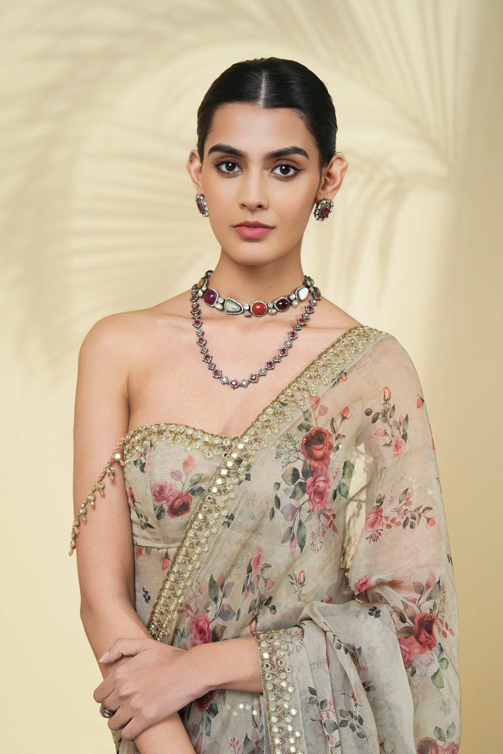 Vintage rose print hand embroidered organza corset sari set - Image 5