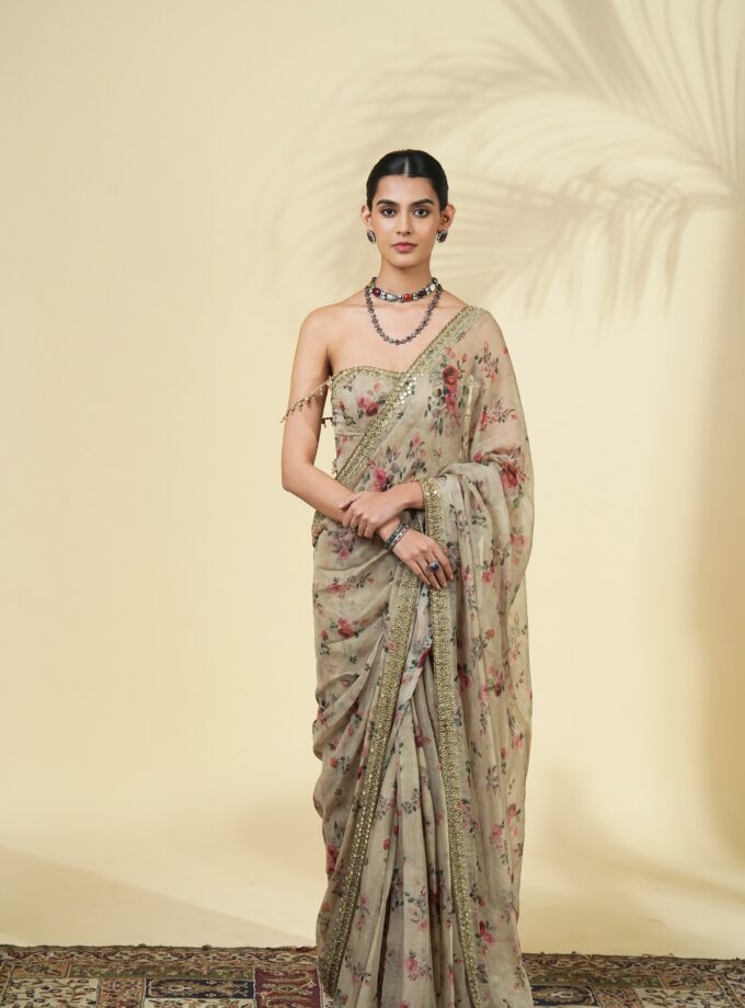 Vintage rose print hand embroidered organza corset sari set