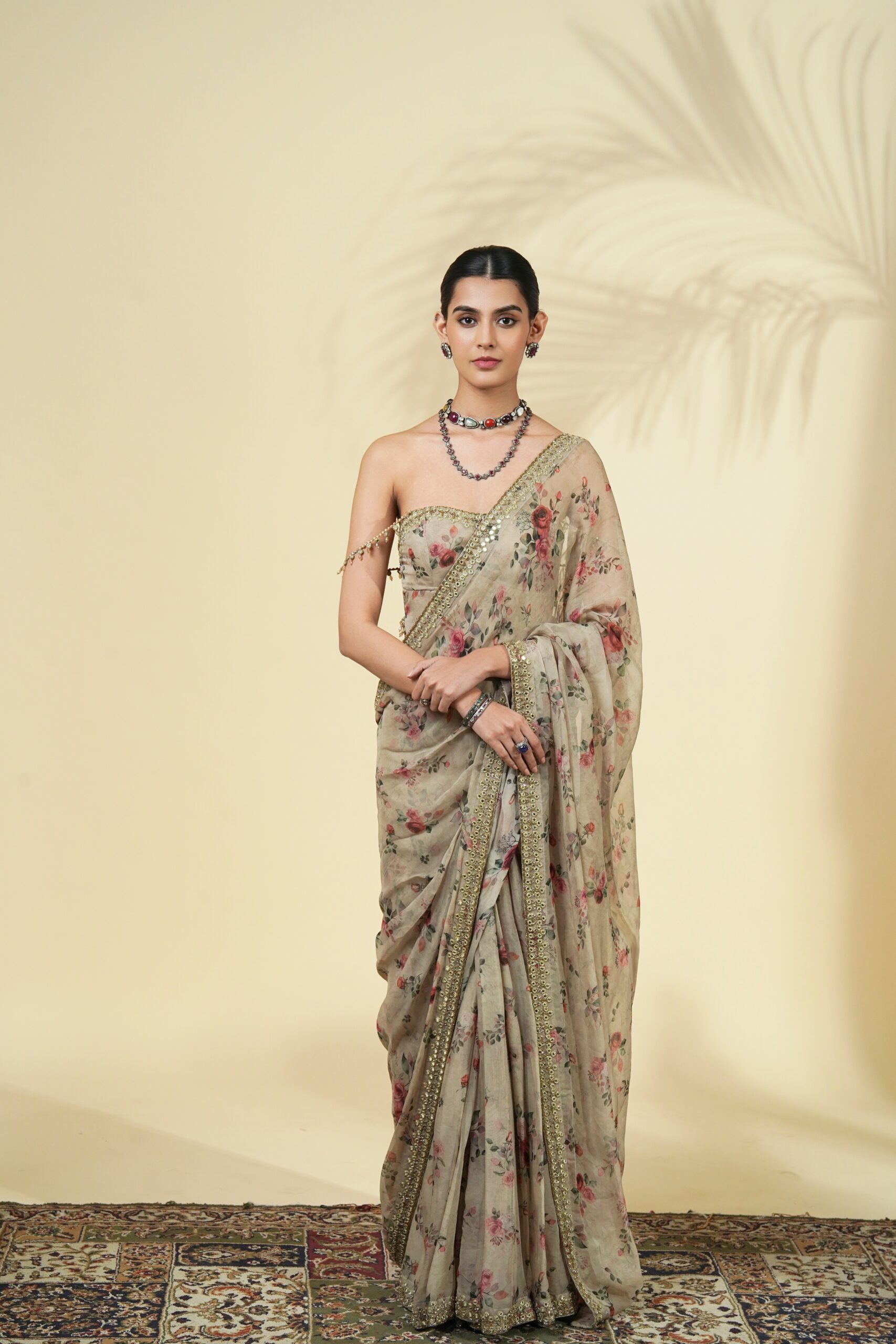 Vintage rose print hand embroidered organza corset sari set