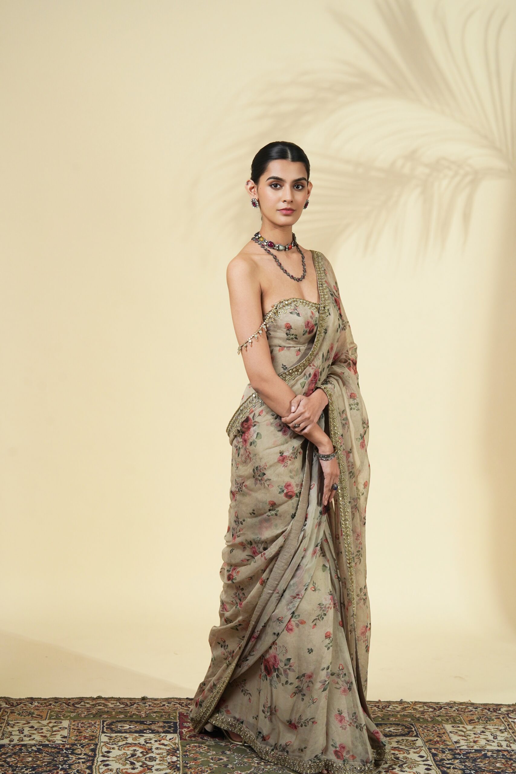 Vintage rose print hand embroidered organza corset sari set - Image 3