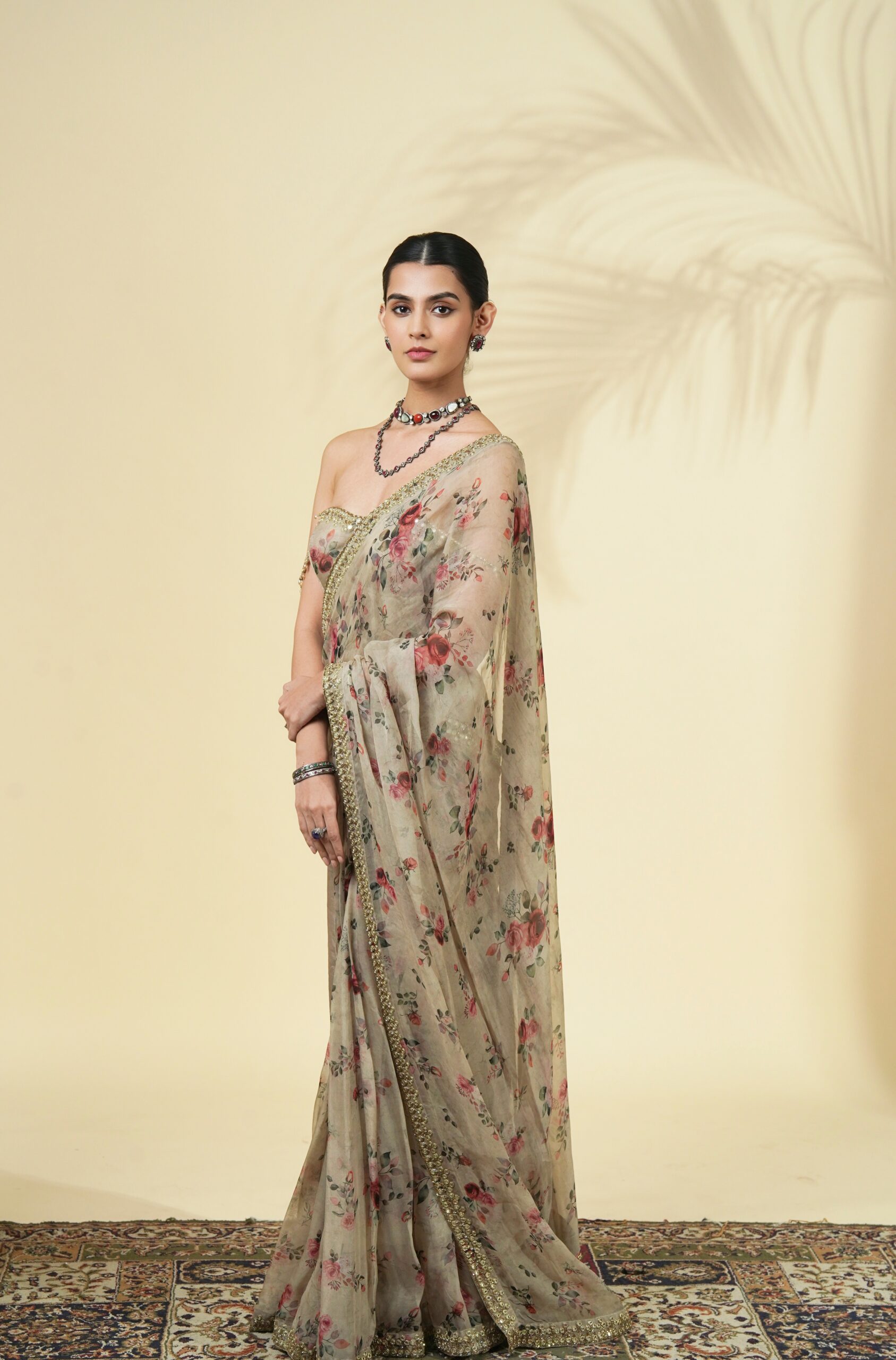 Vintage rose print hand embroidered organza corset sari set - Image 2