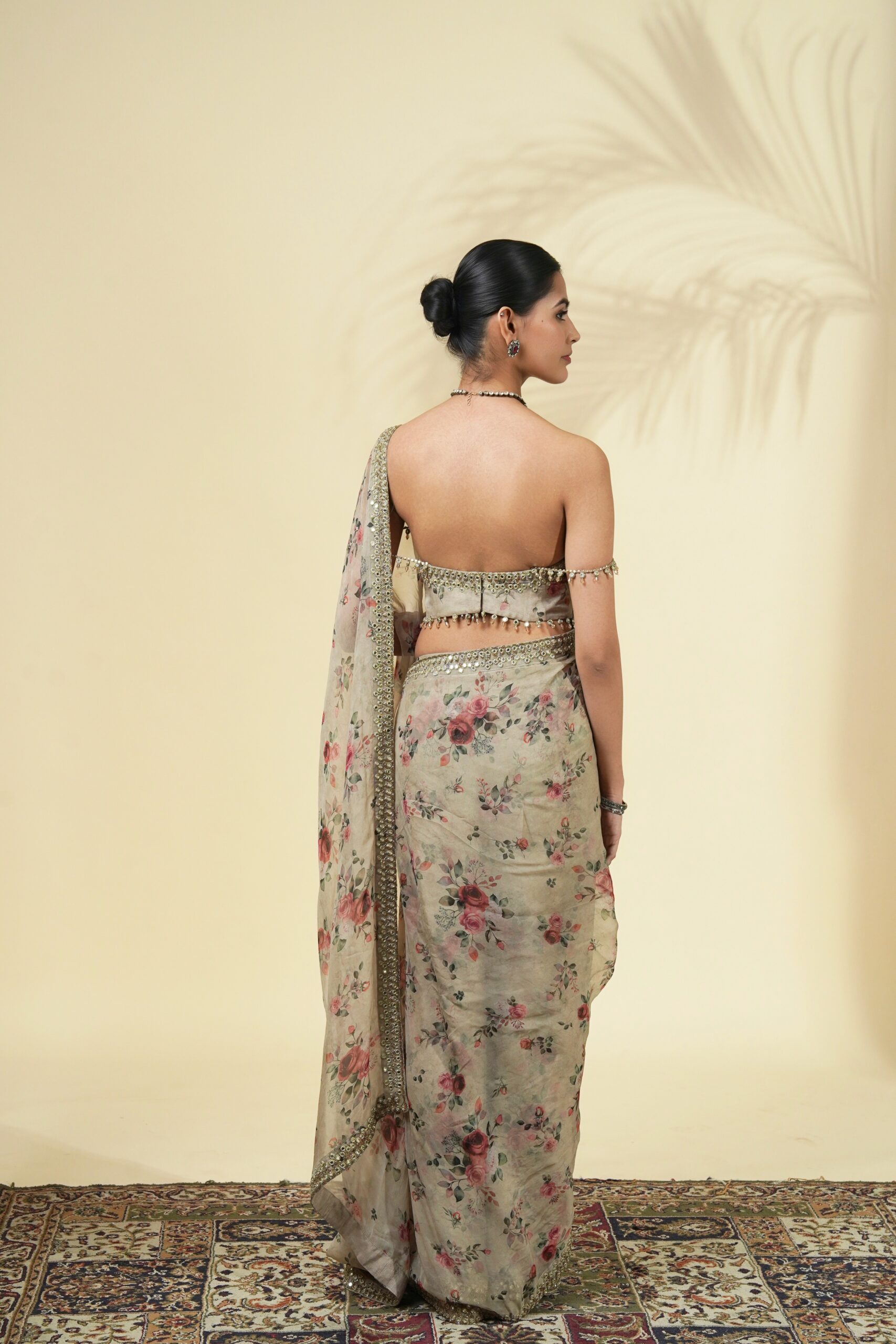 Vintage rose print hand embroidered organza corset sari set - Image 4