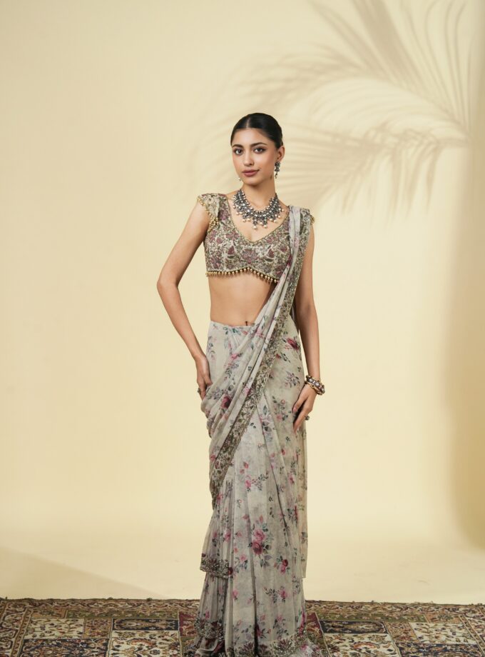 Vintage rose print hand embroidered ruffle sari set