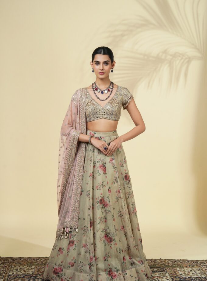 Vintage rose print organza lehenga set