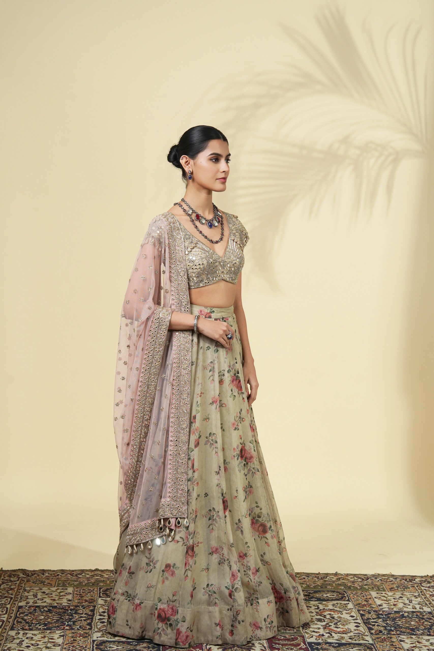 Vintage rose print organza lehenga set - Image 3