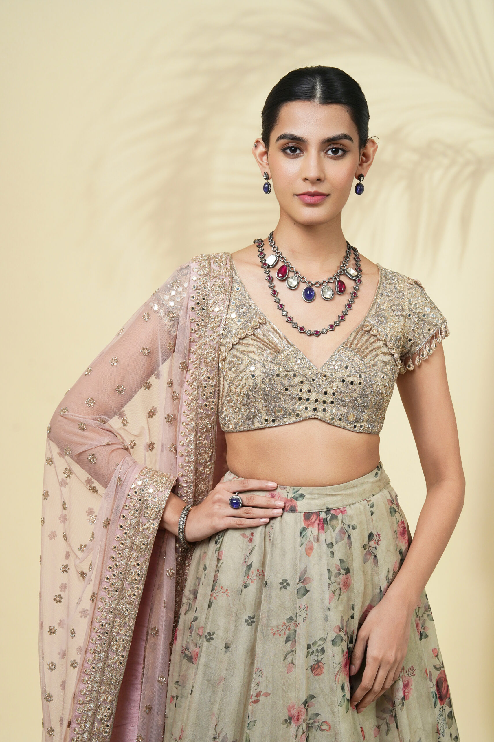 Vintage rose print organza lehenga set - Image 5