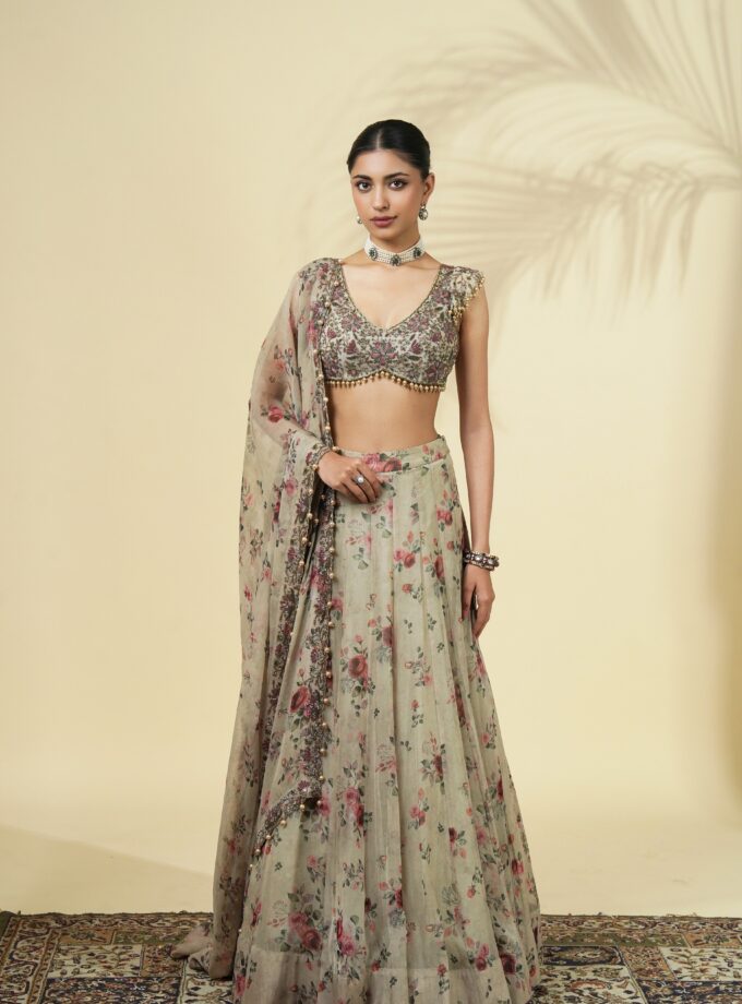 Vintage rose print organza lehenga set
