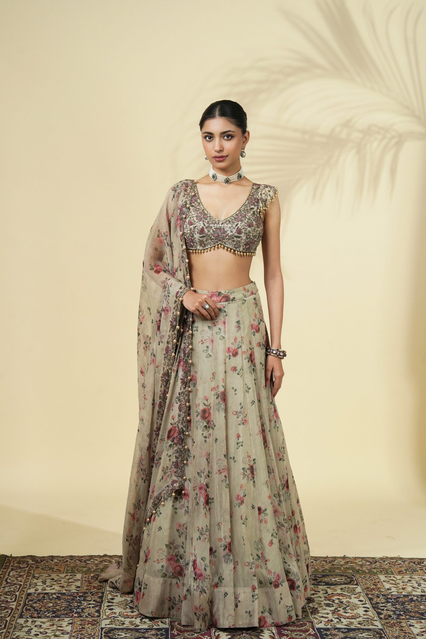 Vintage rose print organza lehenga set