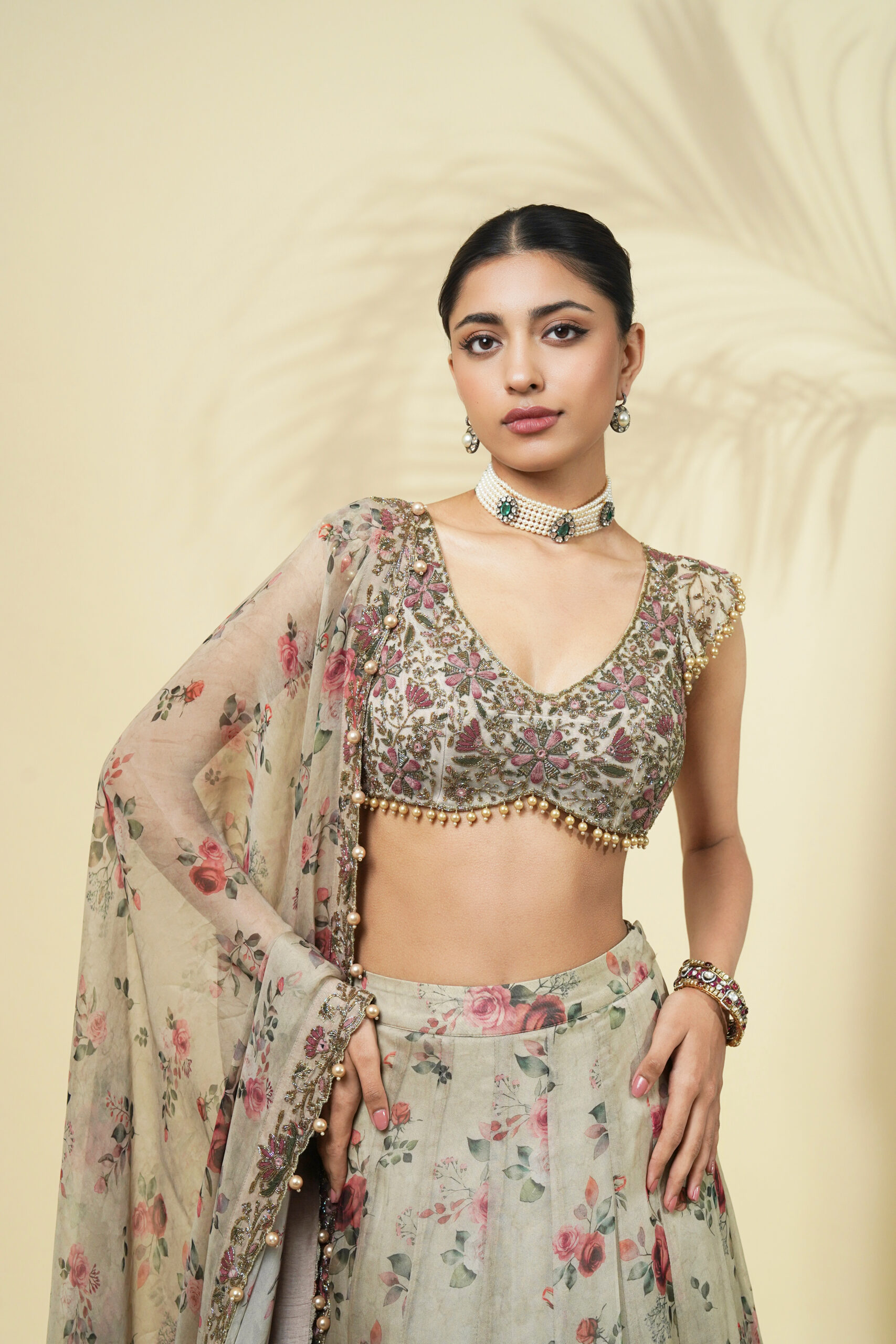 Vintage rose print organza lehenga set - Image 5