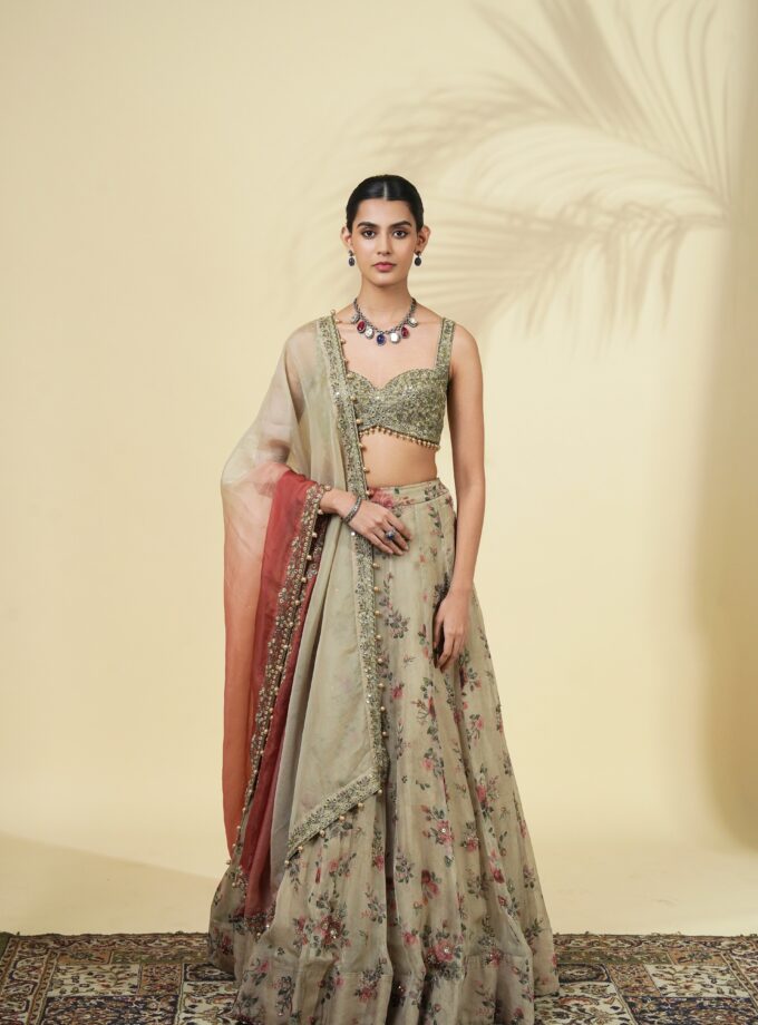 Vintage rose print hand embroidered organza lehenga set