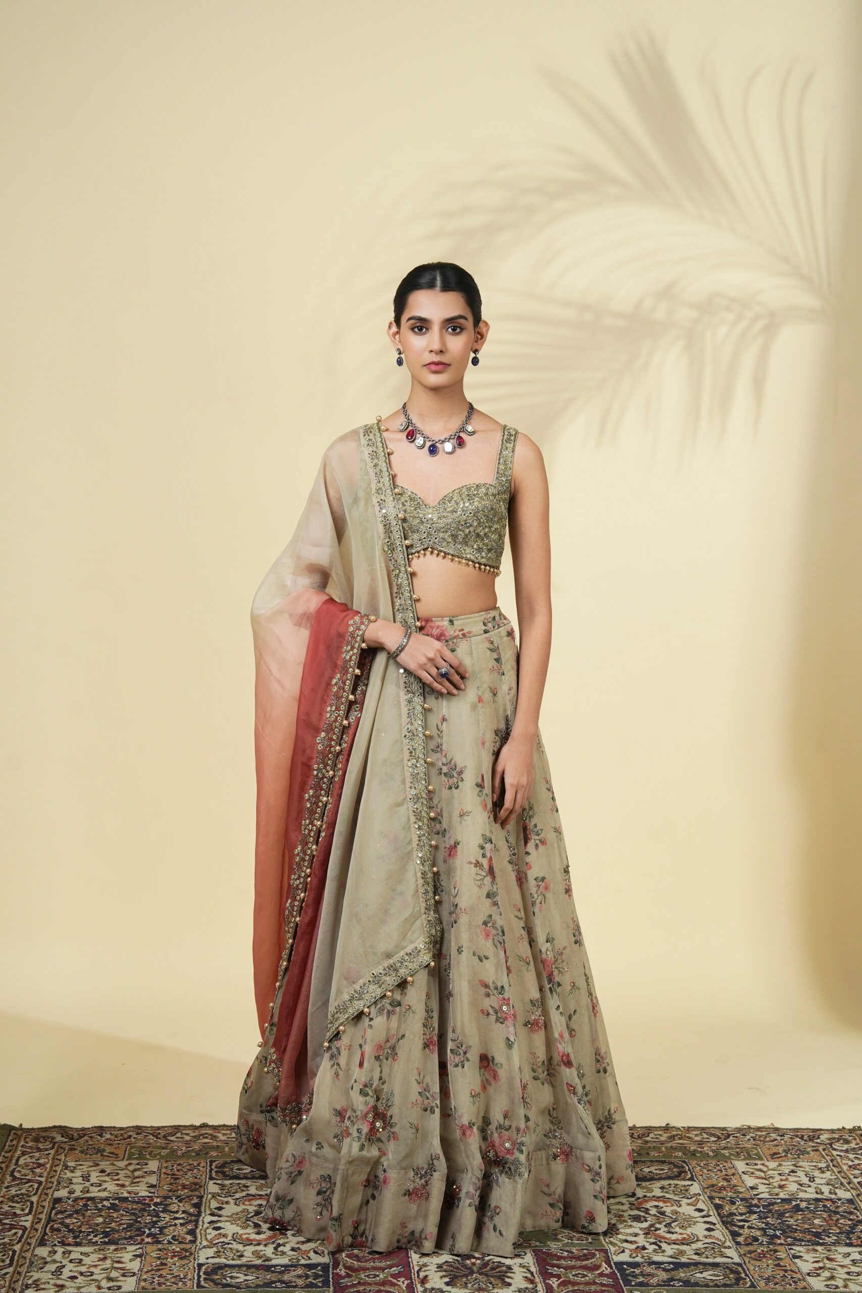 Vintage rose print hand embroidered organza lehenga set
