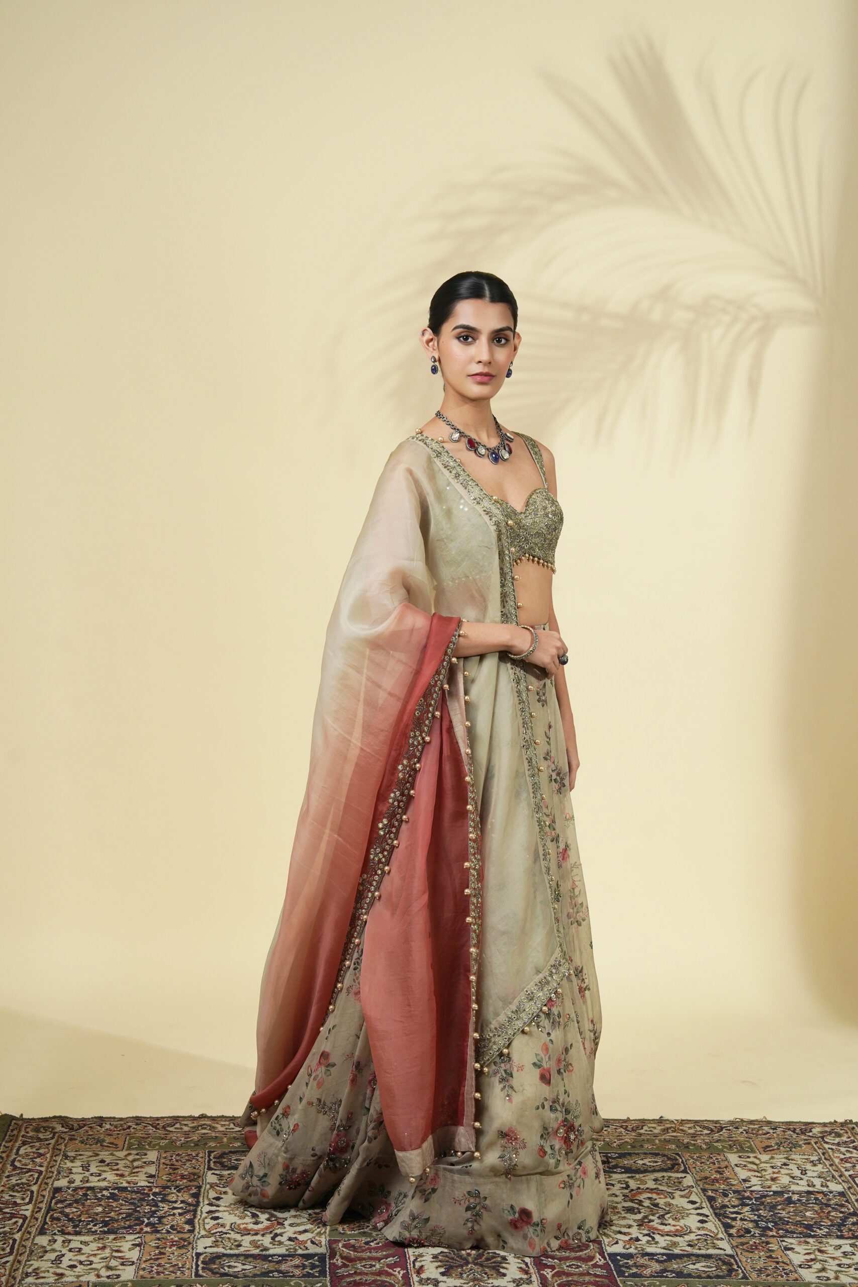 Vintage rose print hand embroidered organza lehenga set - Image 3