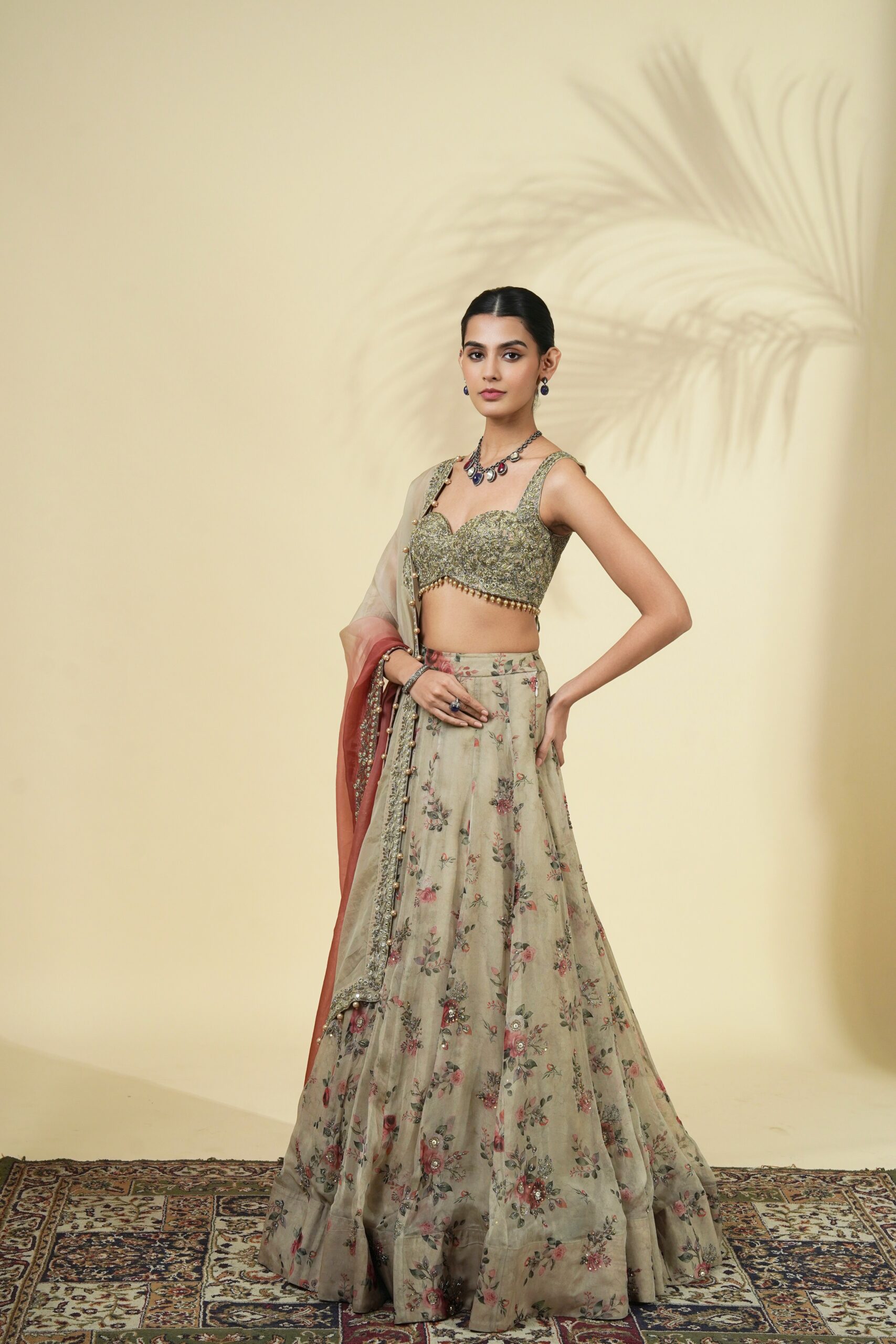 Vintage rose print hand embroidered organza lehenga set - Image 2