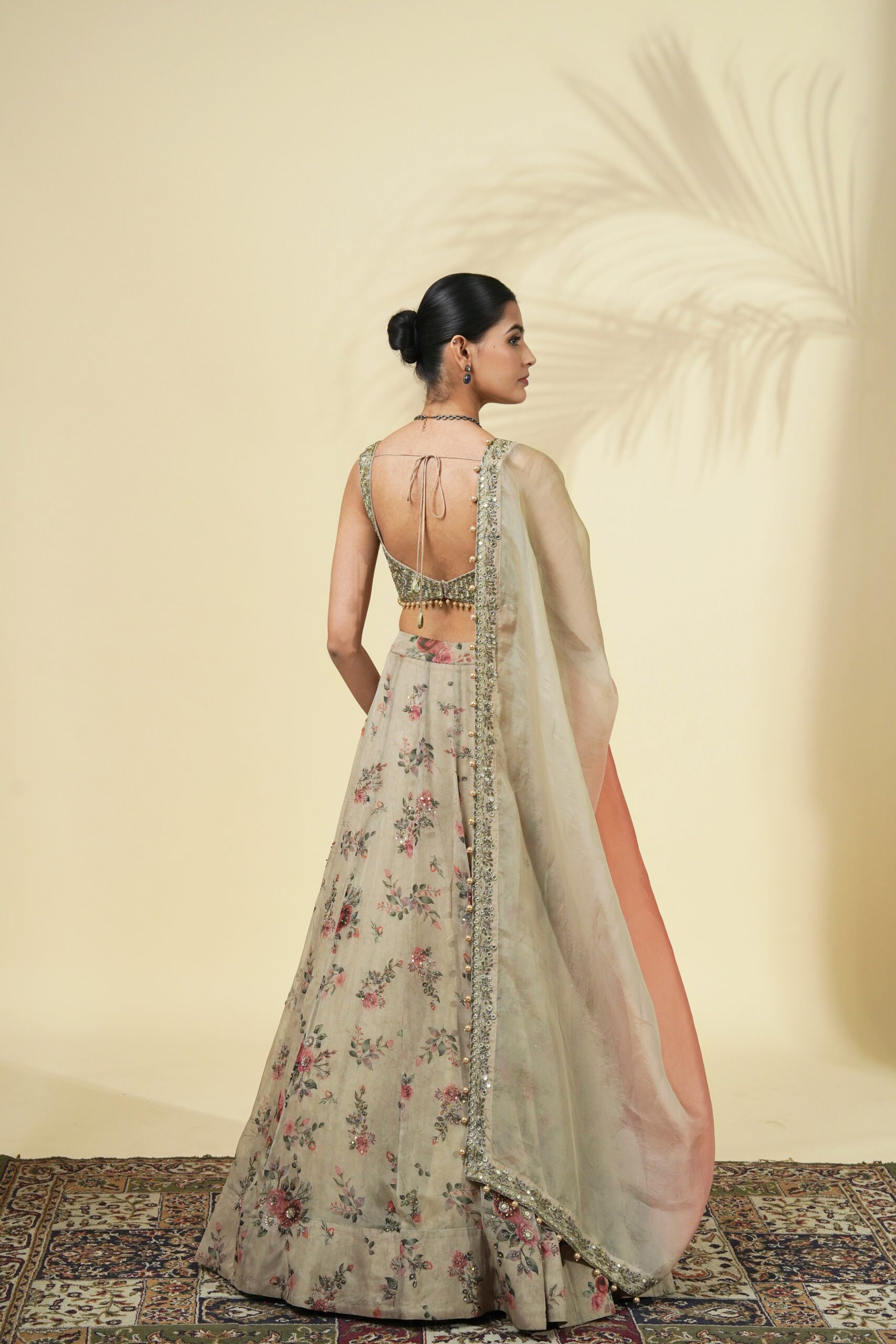 Vintage rose print hand embroidered organza lehenga set - Image 4