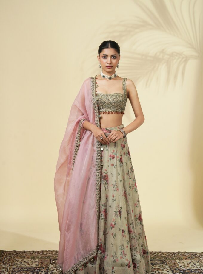 Vintage rose print organza lehenga set