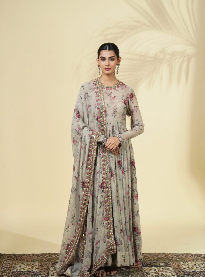 Vintage rose print hand embroidered anarkali set