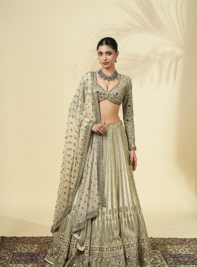 Coconut & Beige gold hand embroidered lehenga set