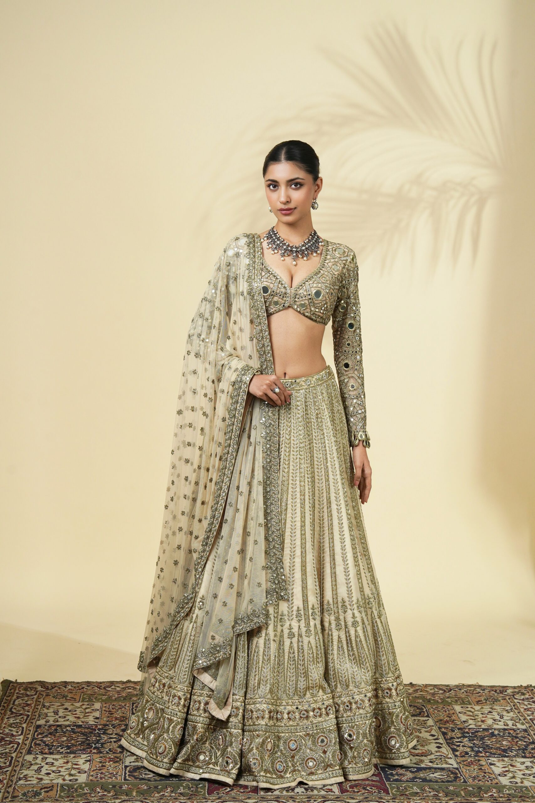 Coconut & Beige gold hand embroidered lehenga set