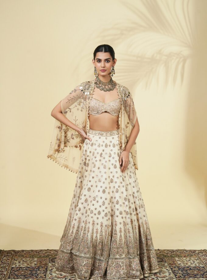 Coconut & dull gold hand embroidered lehenga cape set