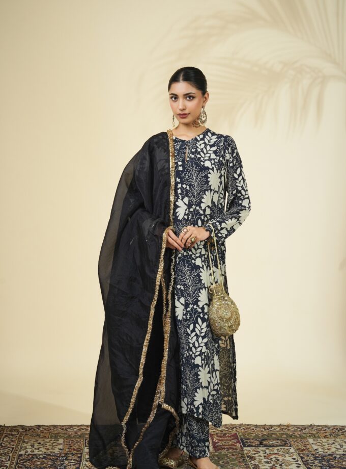 Black & sand garden print kurta set