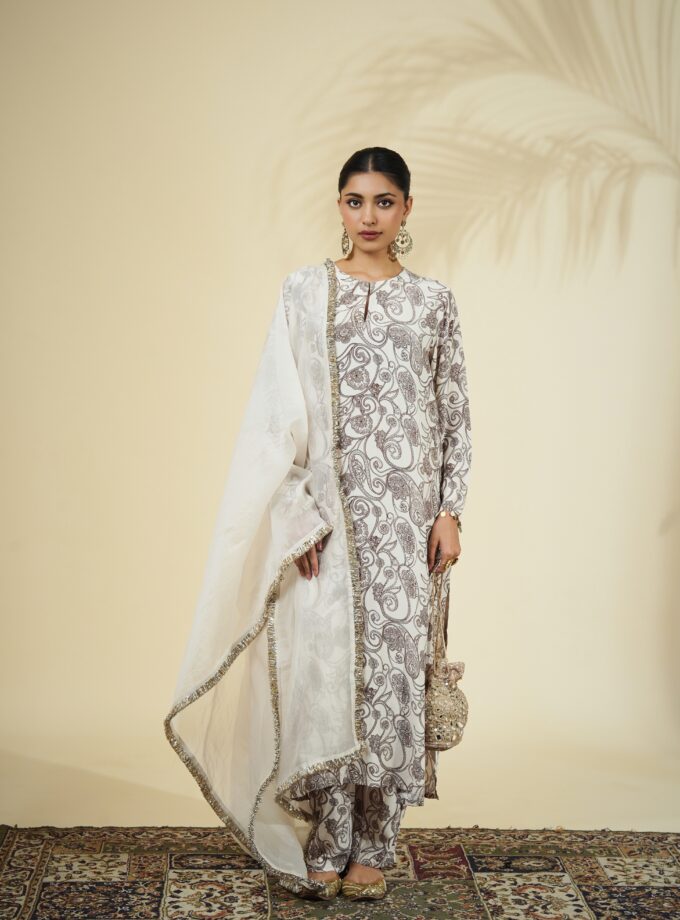 Coconut & brown paisley print kurta set