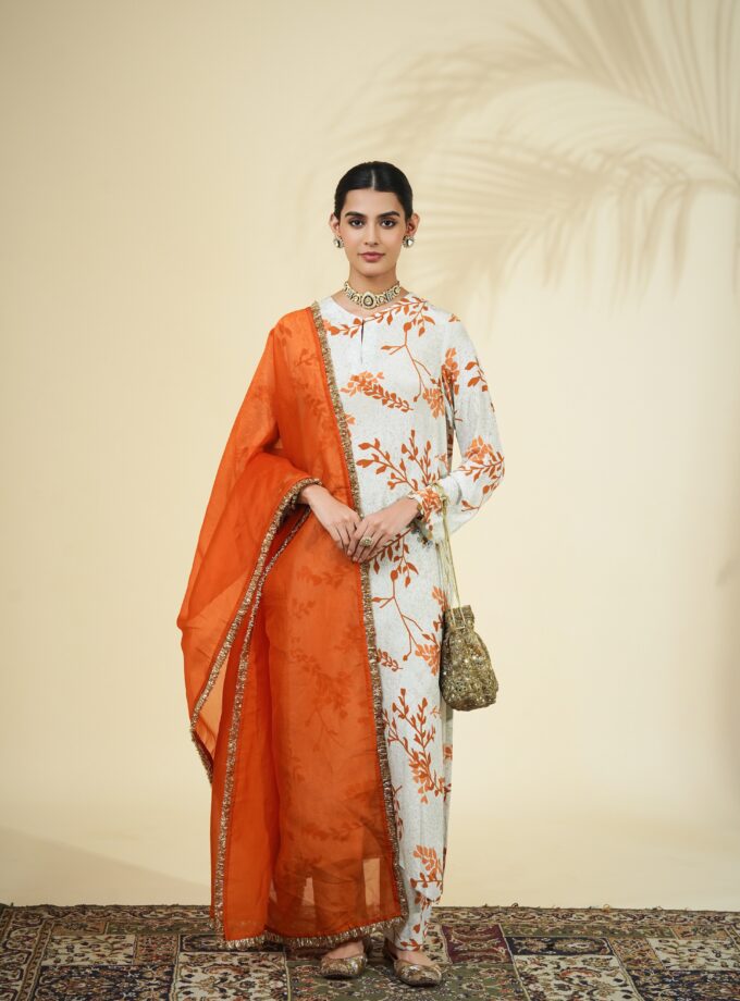 Mother of pearl & burnt orange twig print kurta set