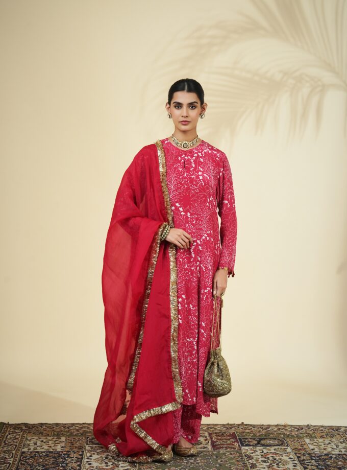 Red & sand garden print kurta set