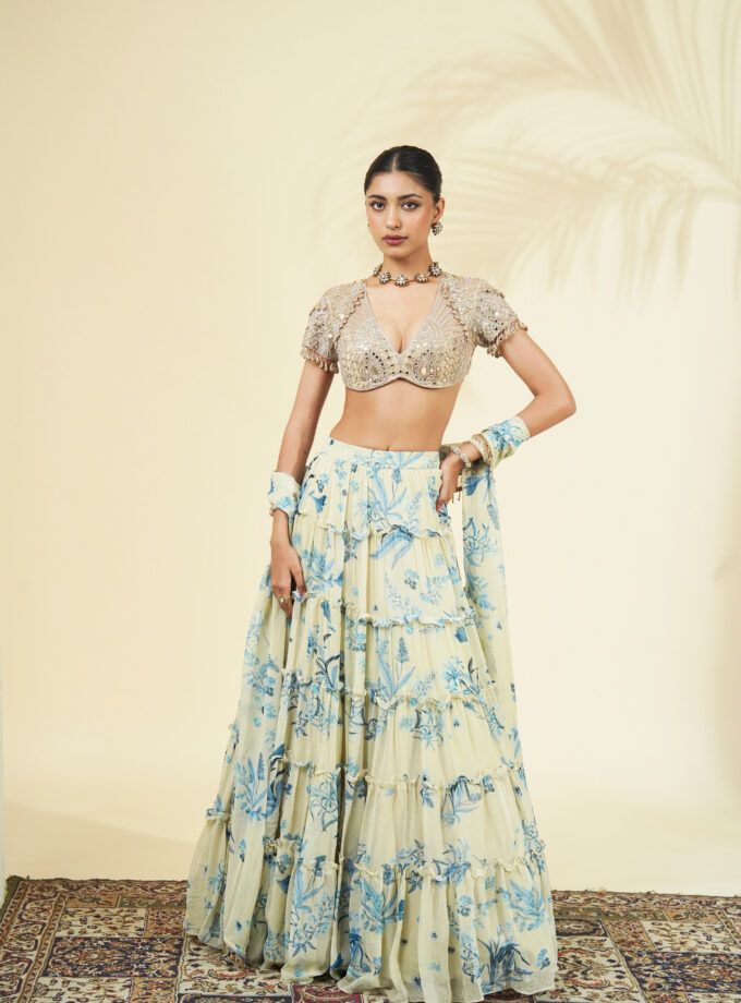 Sand & blue floral print tiered skirt set