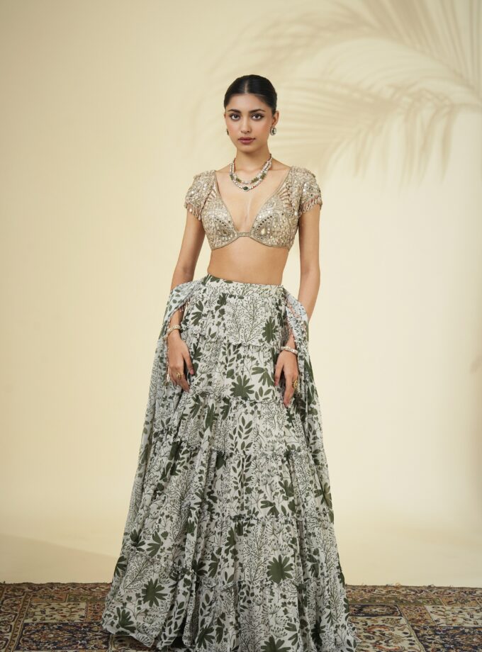 Sand & green garden print tiered skirt set