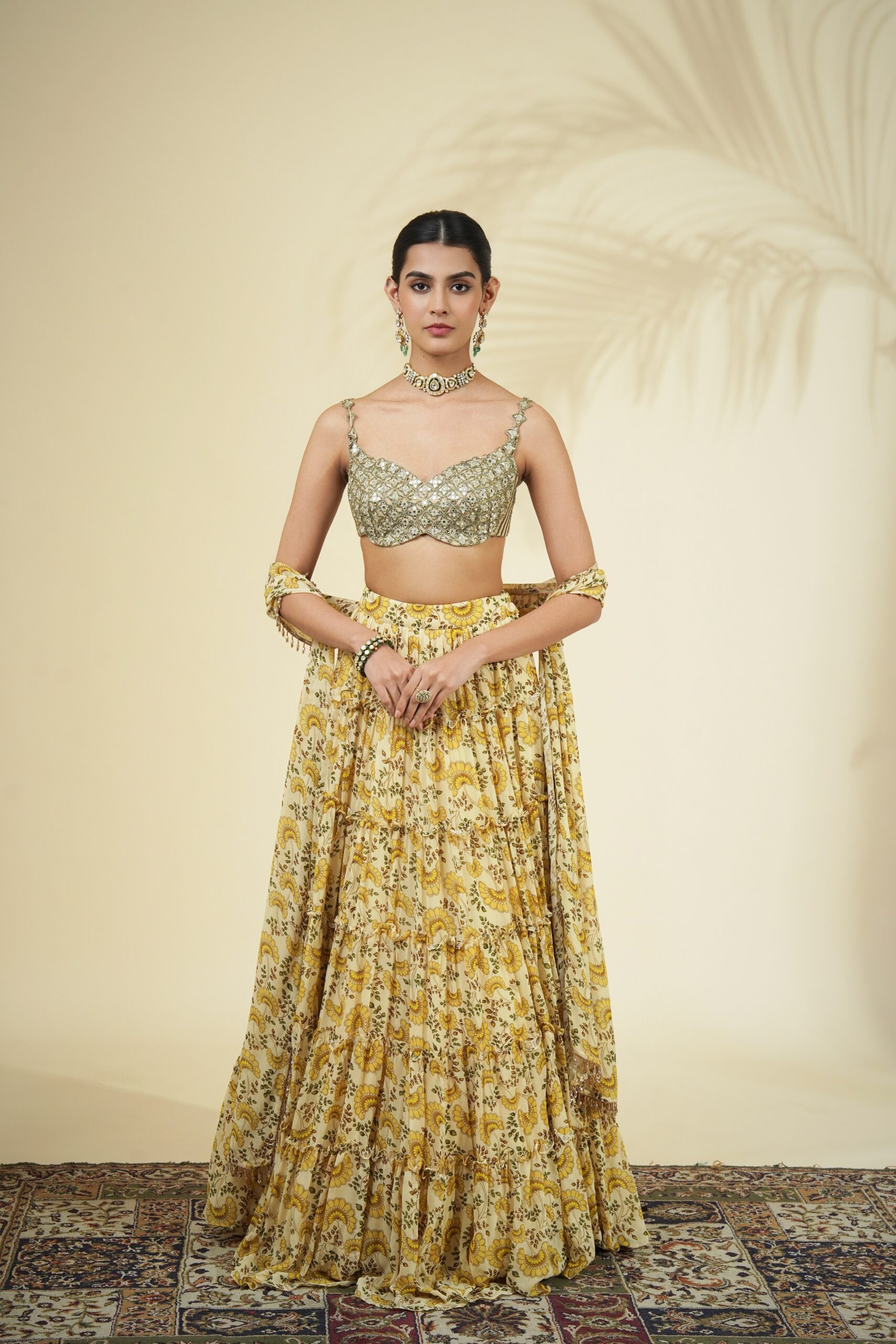 Yellow fan flower print tiered skirt set