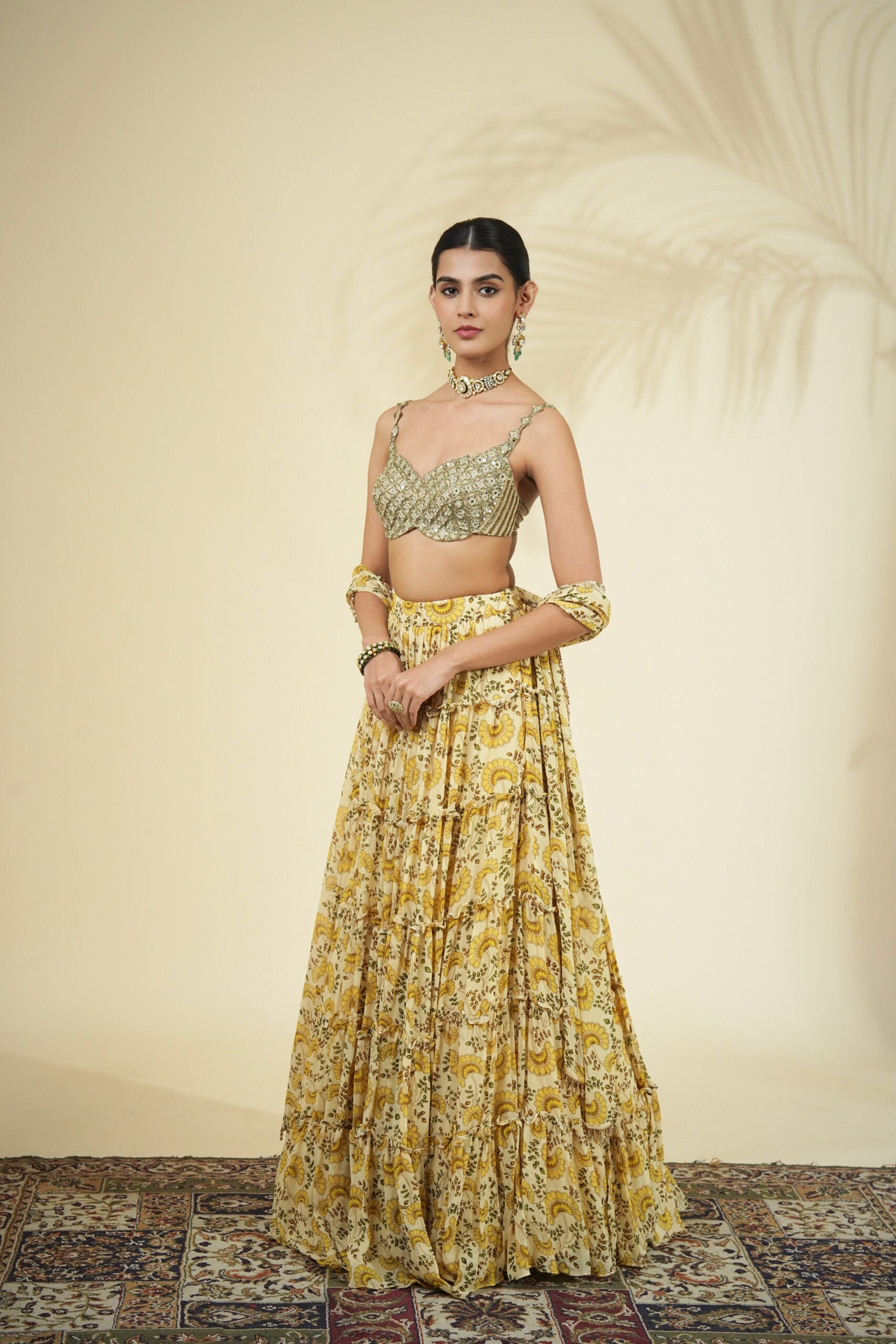 Yellow fan flower print tiered skirt set - Image 2