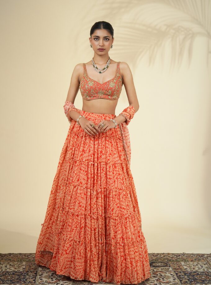 Sindoori fire print tiered skirt set