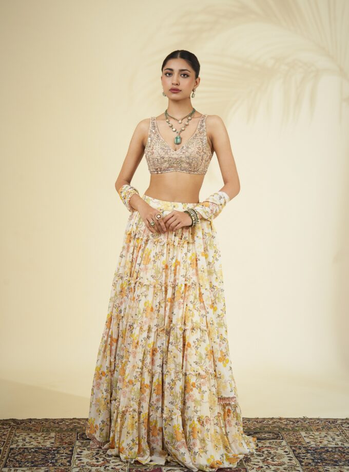 Coconut & yellow floral print tiered skirt set