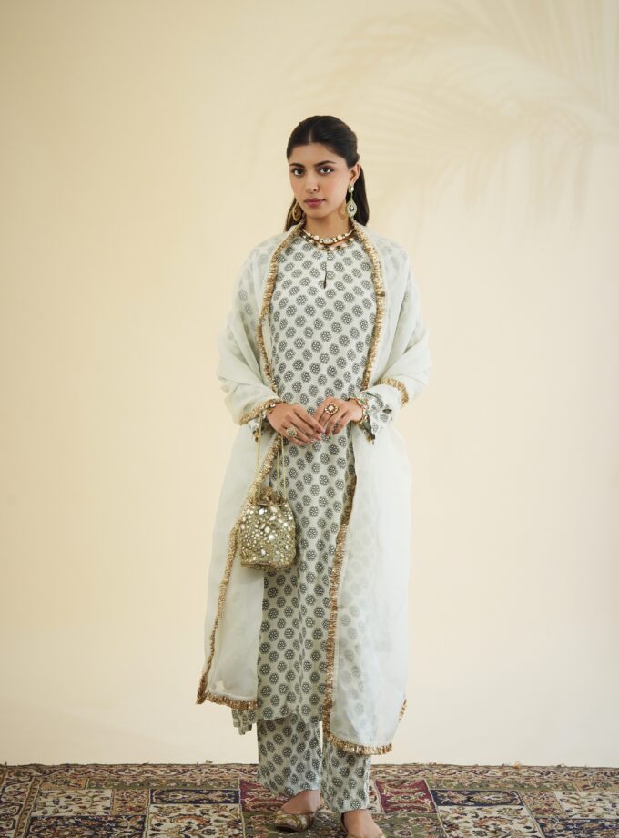 Sand & black butti print kurta set