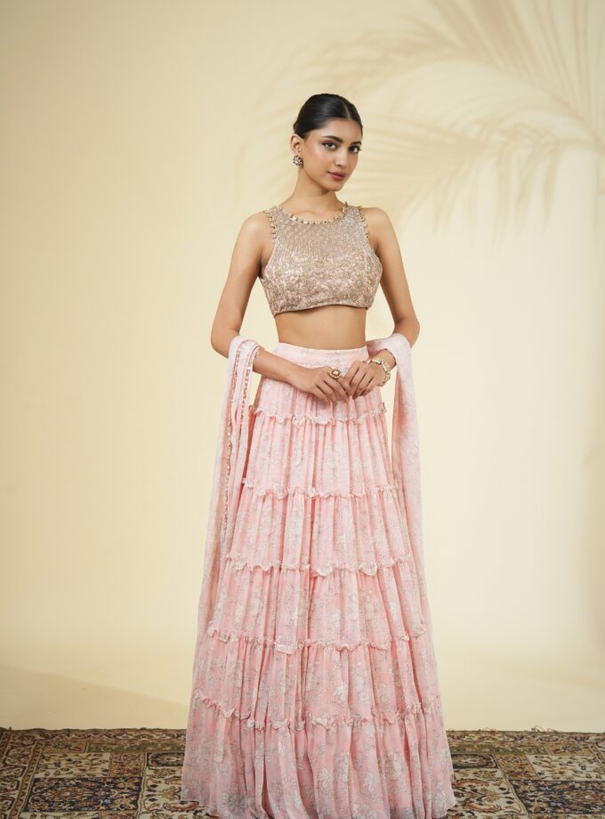 Baby pink floral tiered skirt set