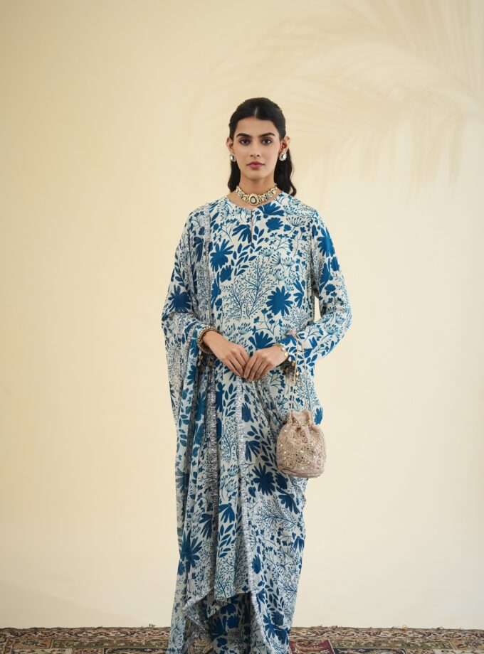 Sand & teal garden print kurta set