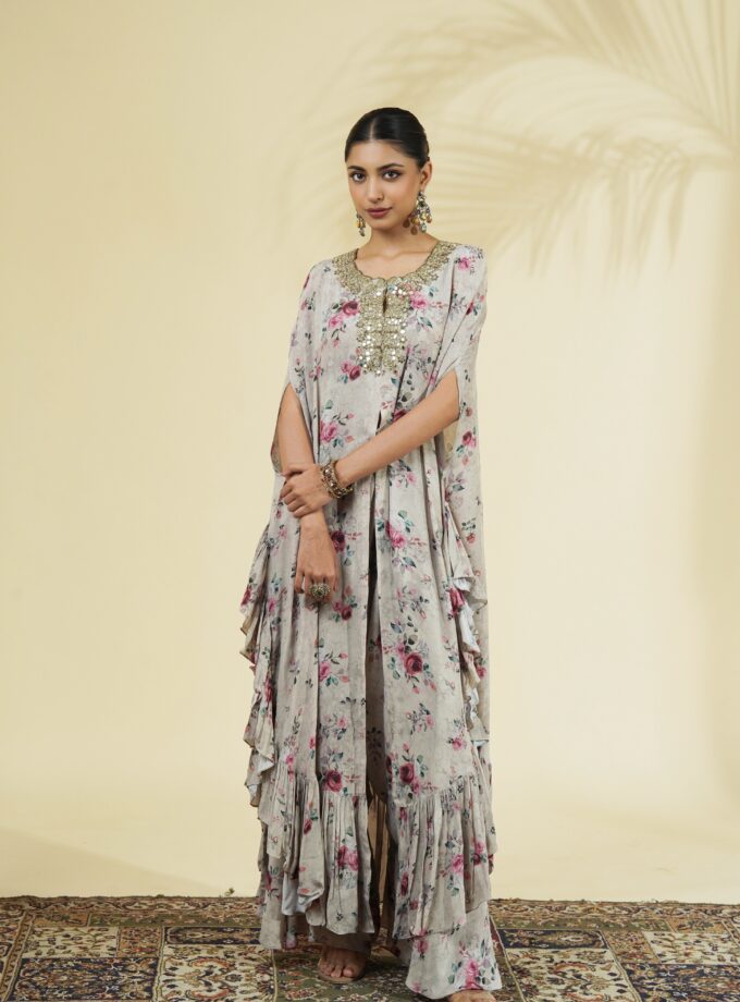 Rose print hand embroidered cape set