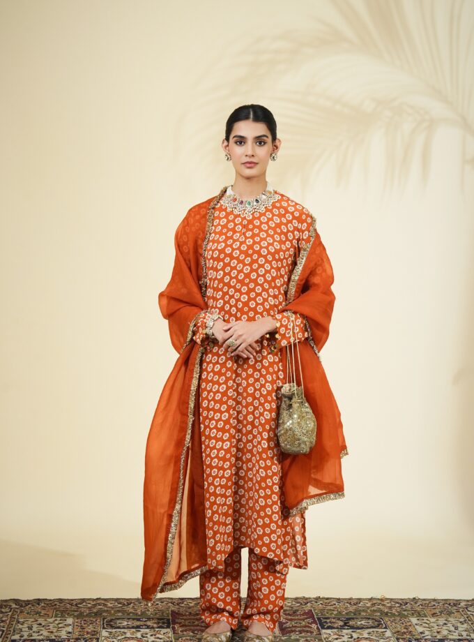 Toasted orange & sand butti print kurta set