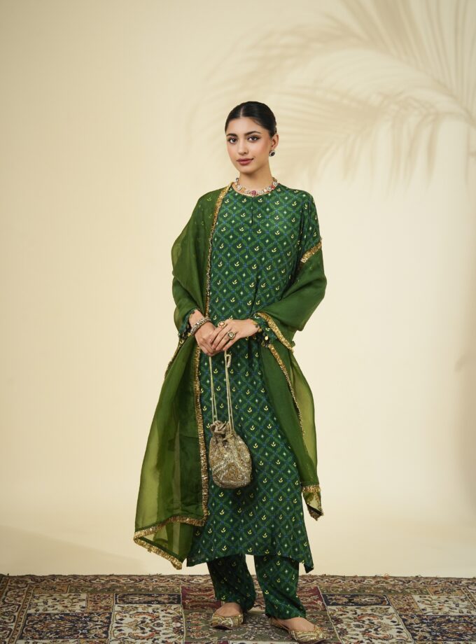 Green geometric print kurta set