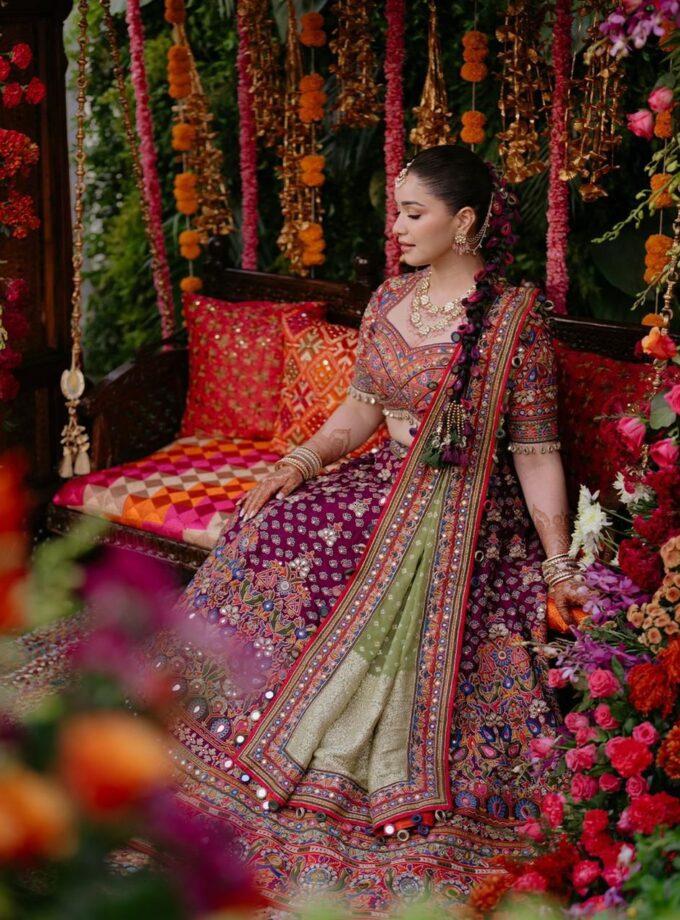 Sindoori pink & aubergine multi thread hand embroidered lehenga set