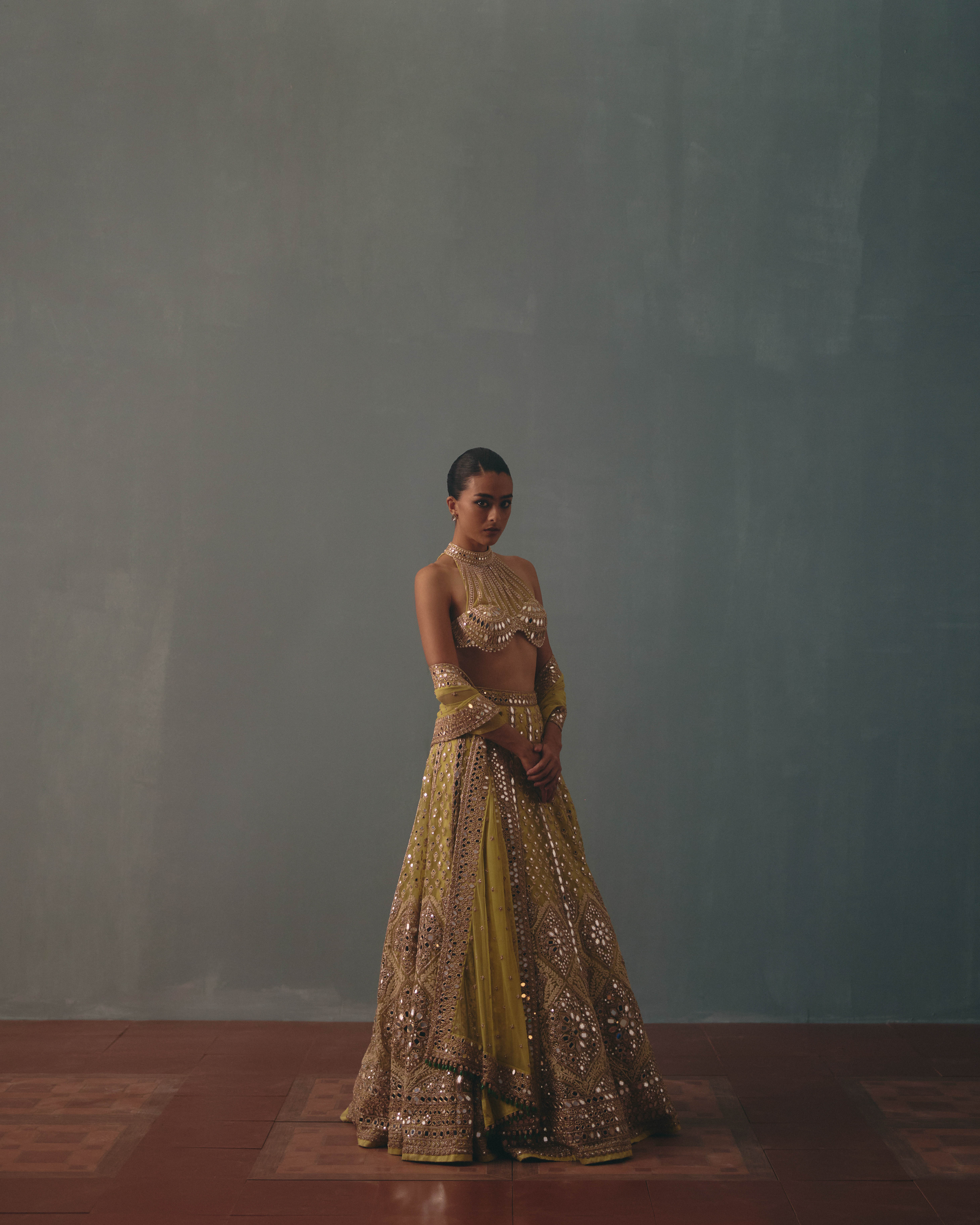 Mint green hand embroidered lehenga set - Image 3