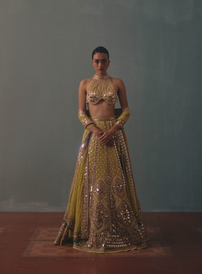 Lime green hand embroidered lehenga set