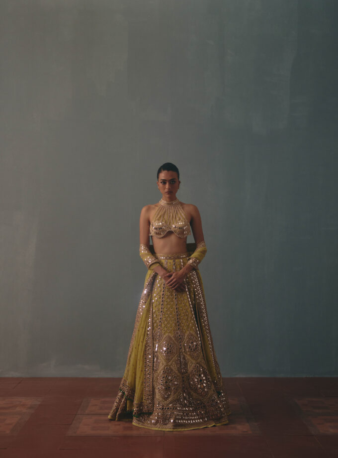 Mint green hand embroidered lehenga set