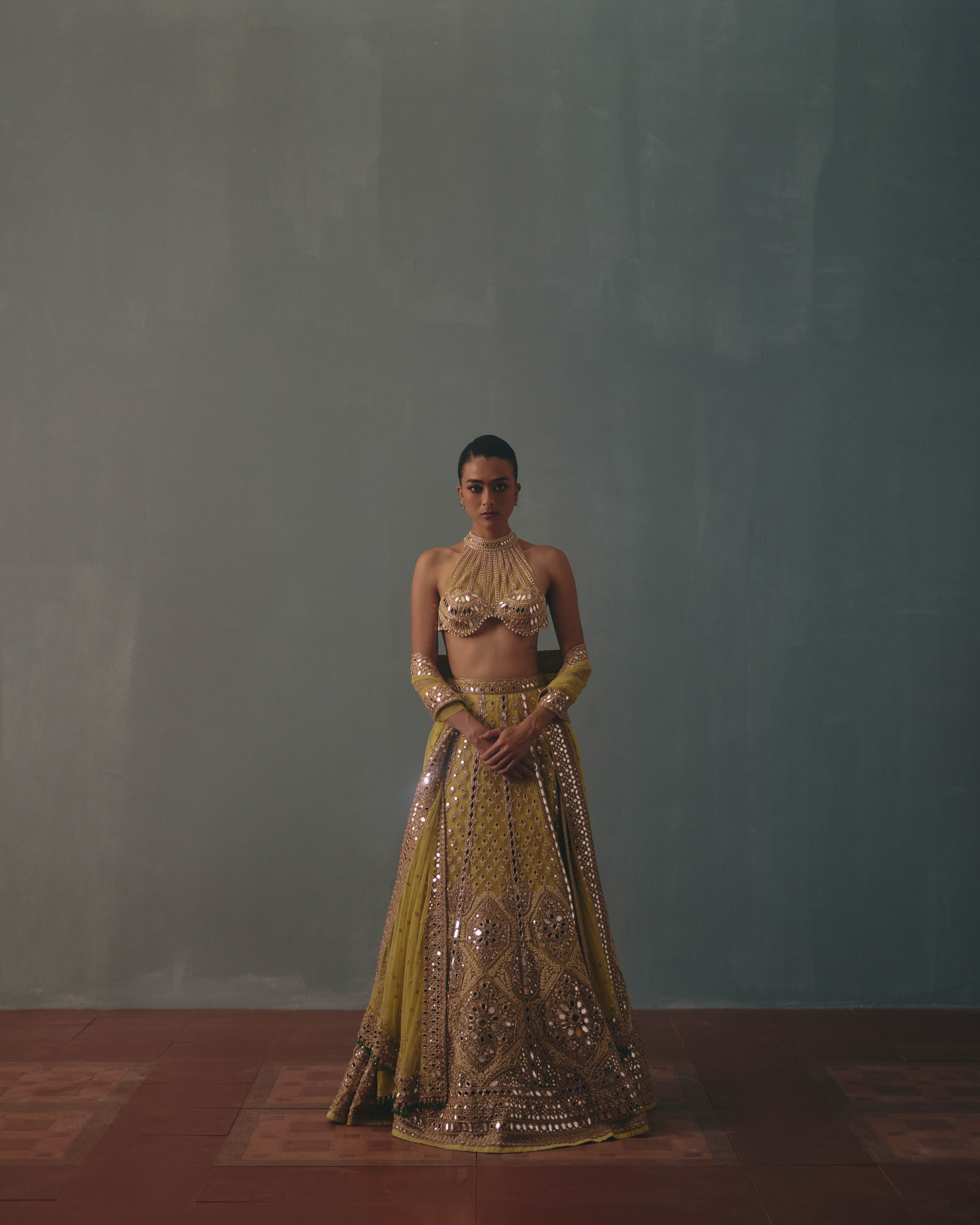 Mint green hand embroidered lehenga set