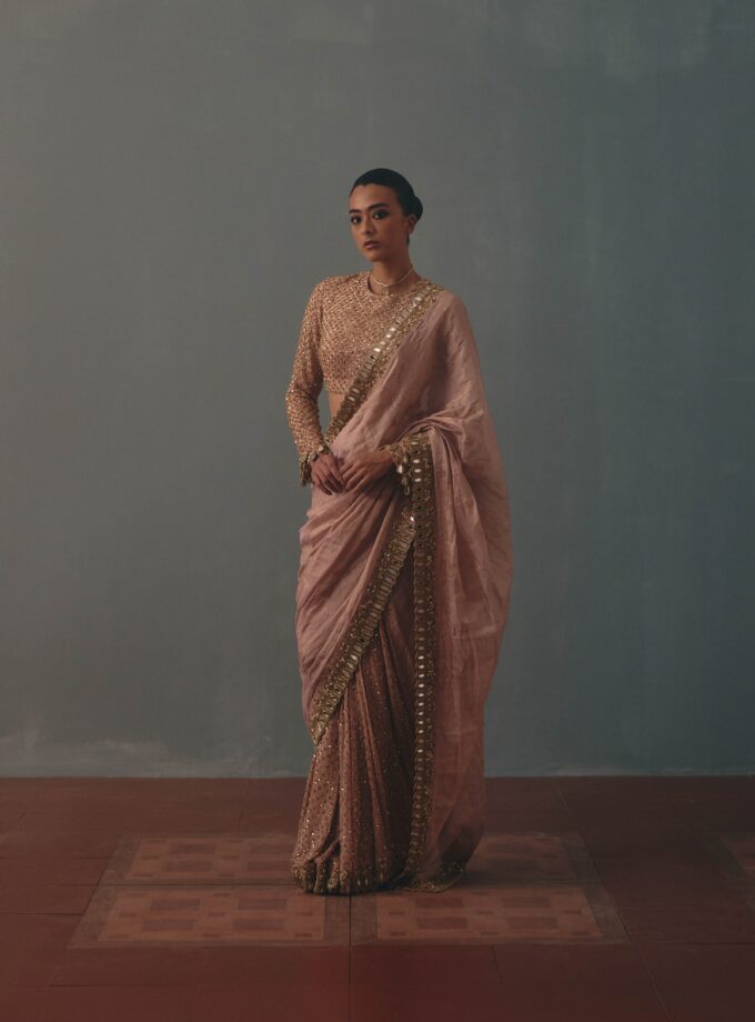 Old rose tissue hand embroidered half & half sari set