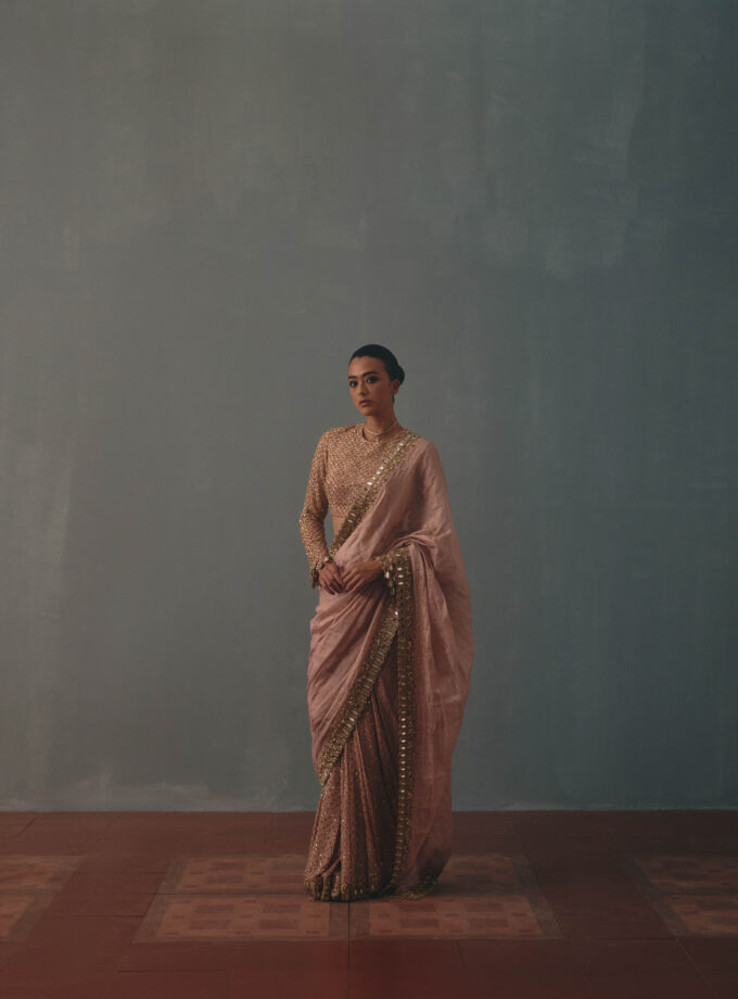 Old rose tissue hand embroidered half & half sari set