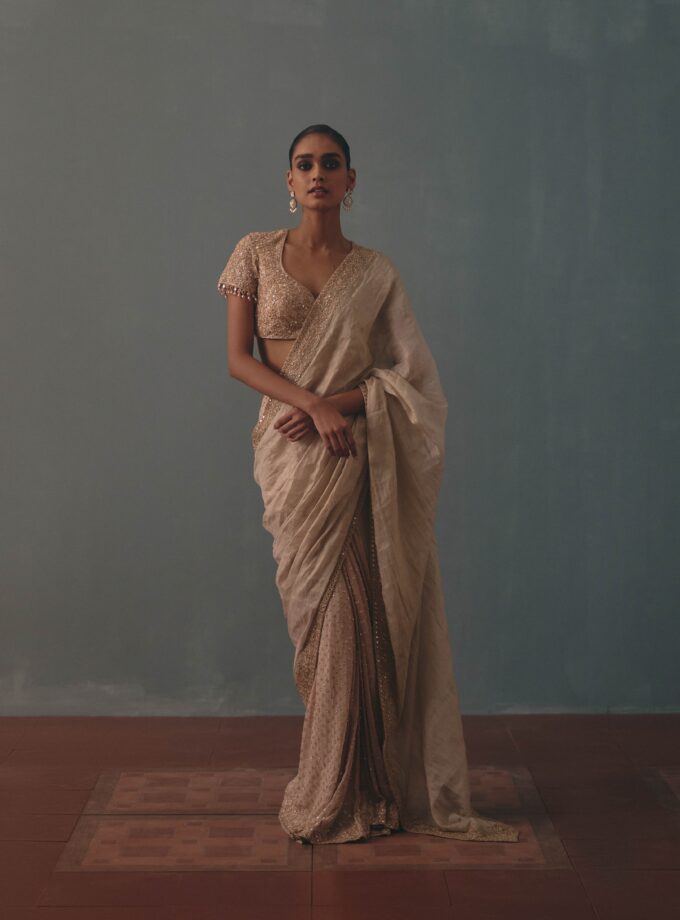 Rose gold tissue hand embroidered half & half sari set