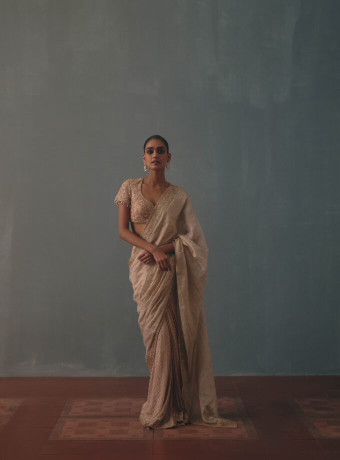 Rose gold tissue hand embroidered half & half sari set